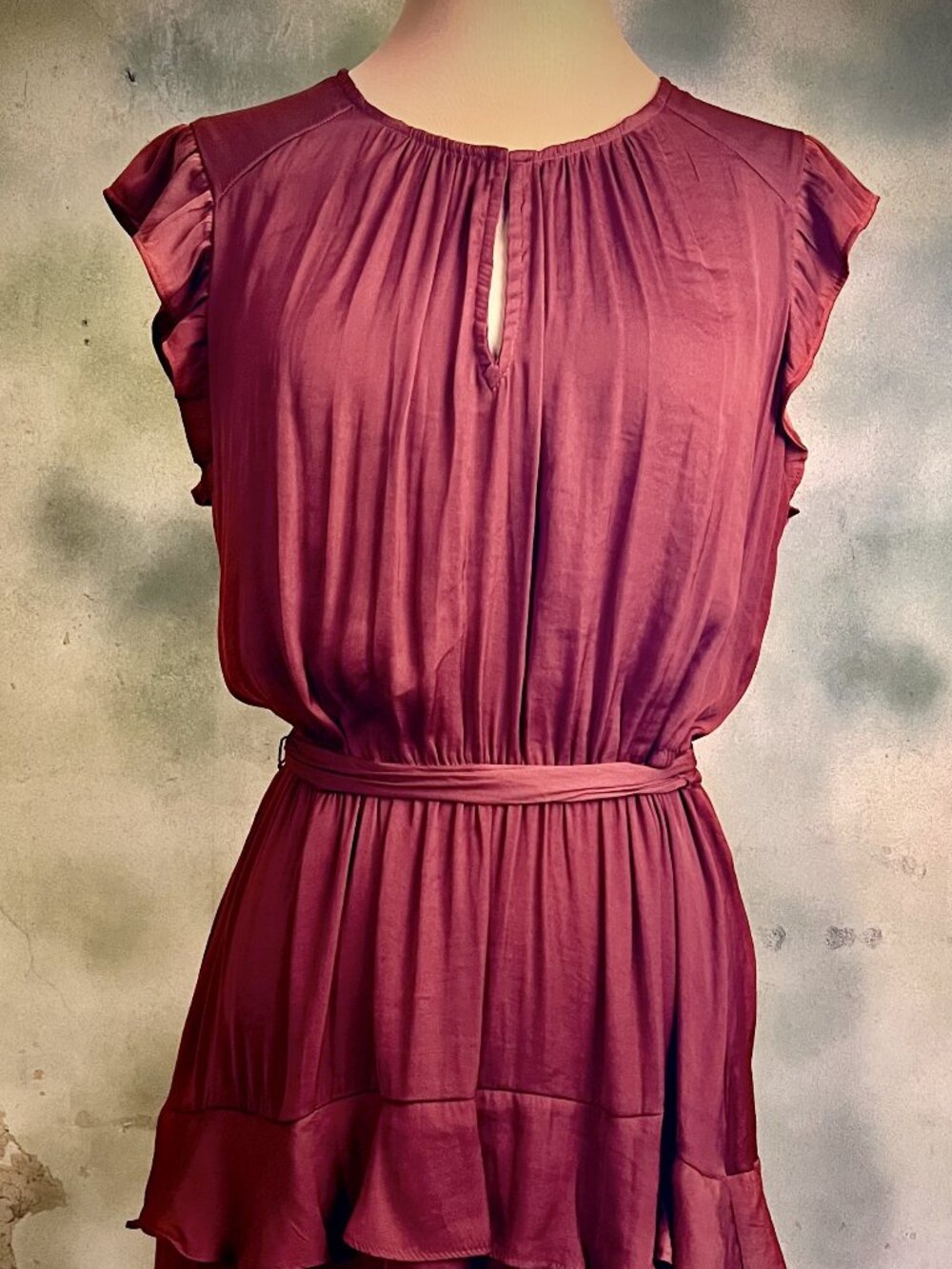 Vera Wang Rust Satin Ruffle Tiered Midi Dress Belted Size M